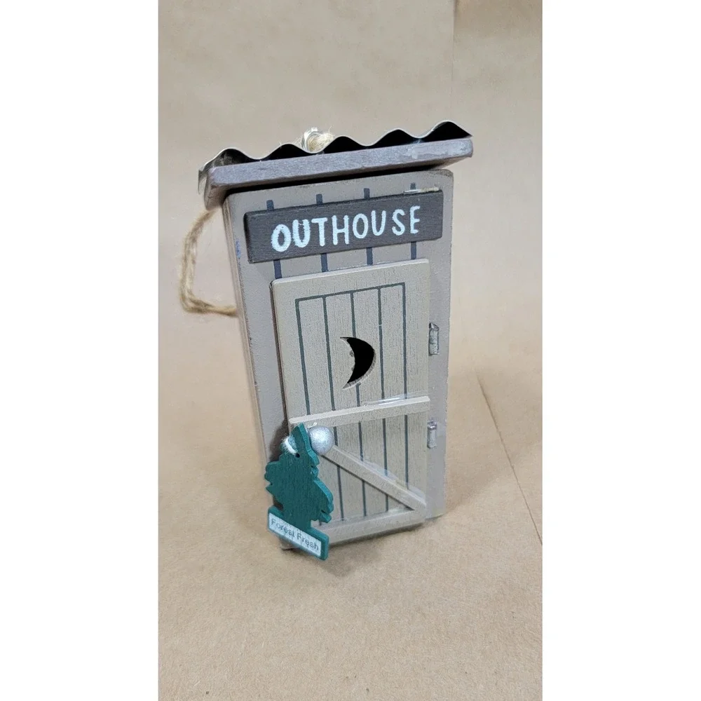 Rustic Wooden Outhouse Ornament Corrugated Metal Roof Forest Fresh Tree Decor
